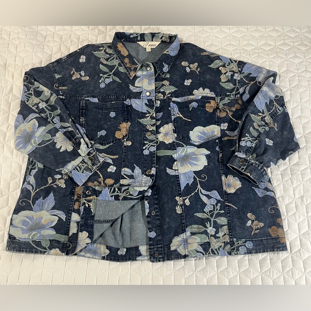 J.NNA Floral Denim Jacket 1XL Blue Cottagecore Oversized Button Front NWT - Picture 5 of 13